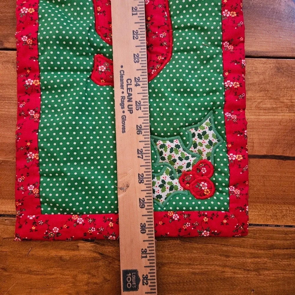 VTG Handmade Quilted JOY Christmas Wall Hanging Holly Holiday Fabric Banner